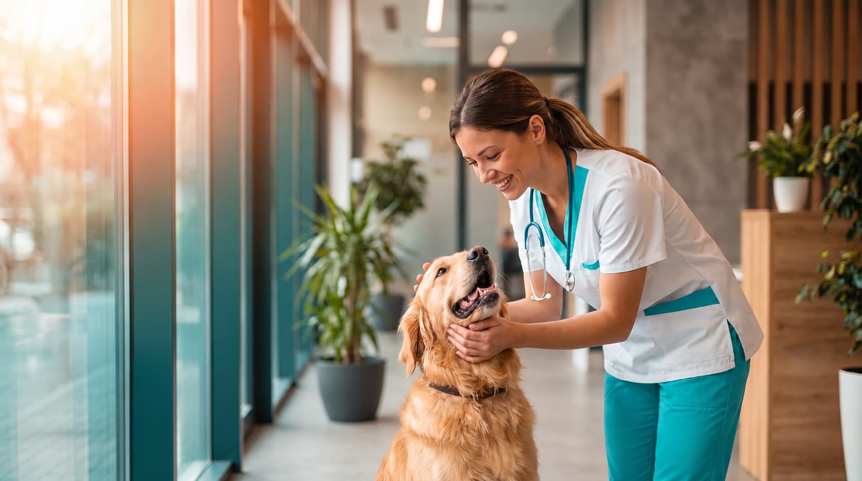 Veterinaria de MundoAnimalia atendiendo con cariño a un Golden Retriever mientras un gato descansa tranquilo sobre la mesa clínica